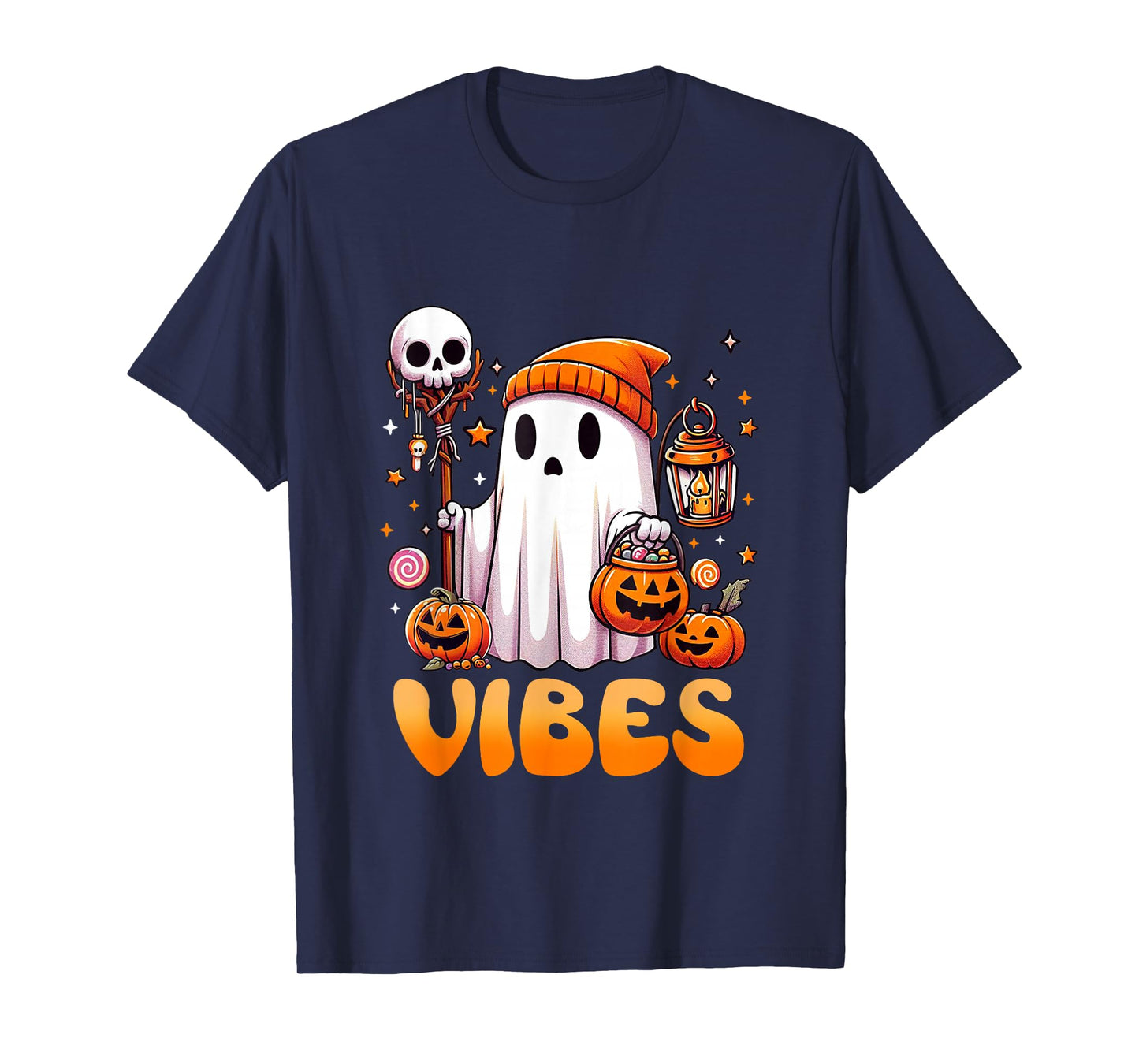 Groovy Spooky Vibes Retro Ghost Holding Pumpkin Halloween T-Shirt