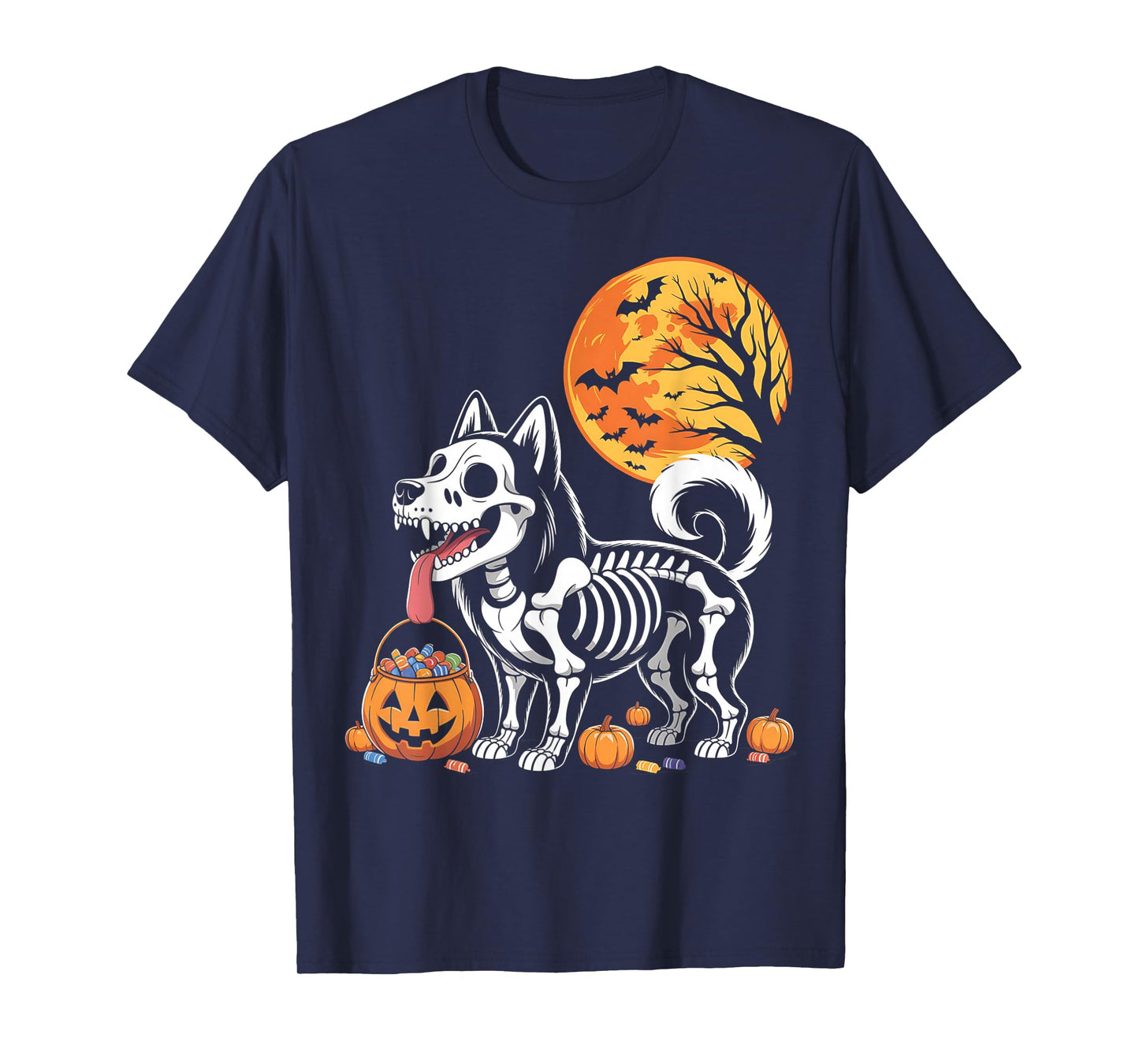 Siberian Husky Dog Skeleton Scary Pumpkin Moon Halloween T-Shirt