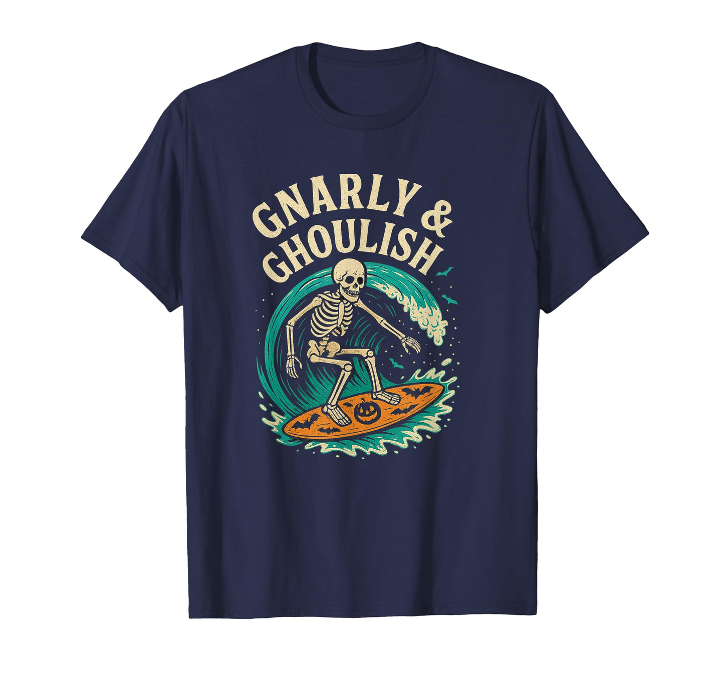 Skeleton Surfer with “Gnarly & Ghoulish” Text Halloween T-Shirt