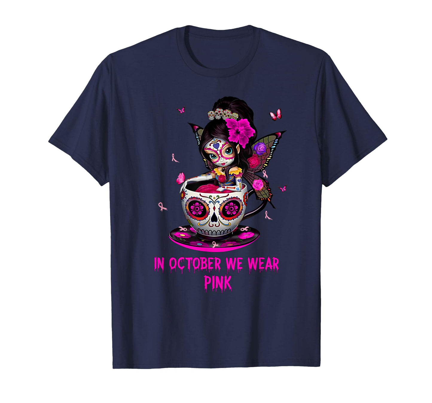 Girl Sugar Skull Fairy In October We Wear Pink Breast Cancer T-Shirt
