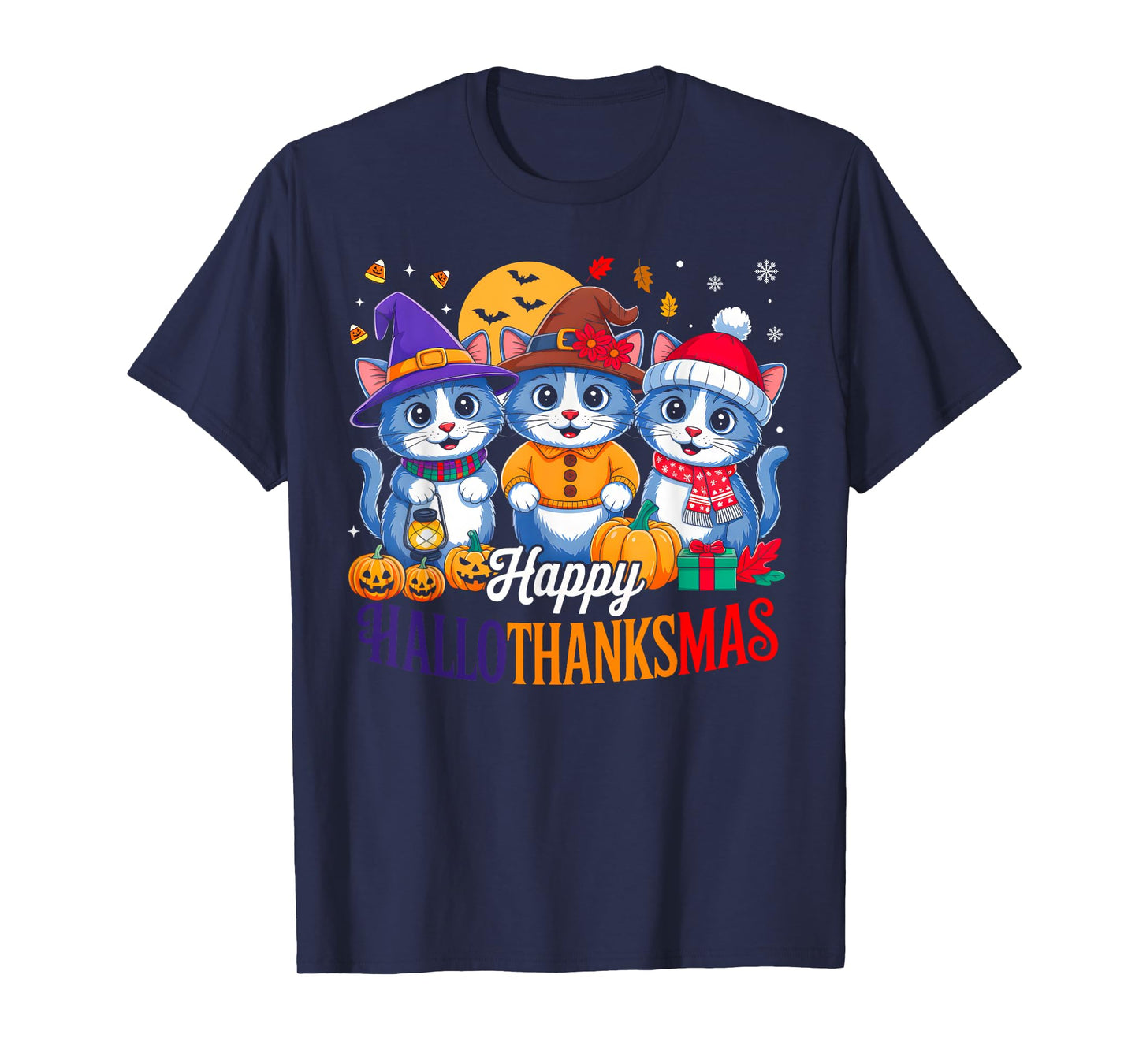 Happy Hallothanksmas Shirt Cat Lover Halloween Thanksgiving T-Shirt