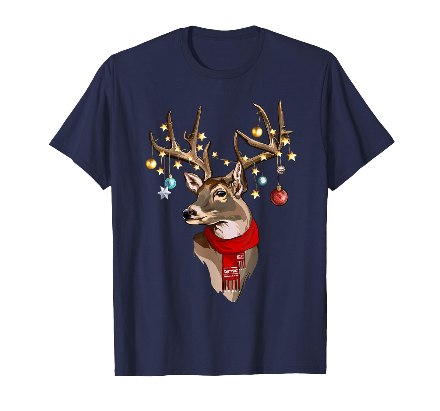 Buck Deer Antlers Christmas Lights Scarf Xmas Party T-Shirt