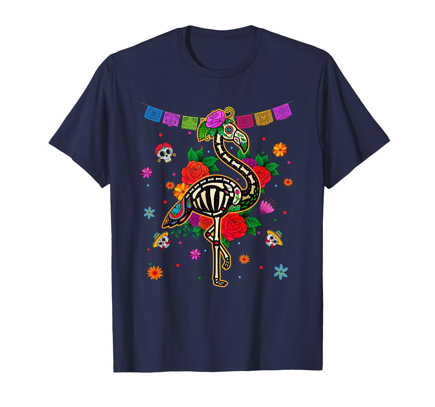 Sugar Skull Pink Flamingo Flowers Dia de Muertos Halloween T-Shirt