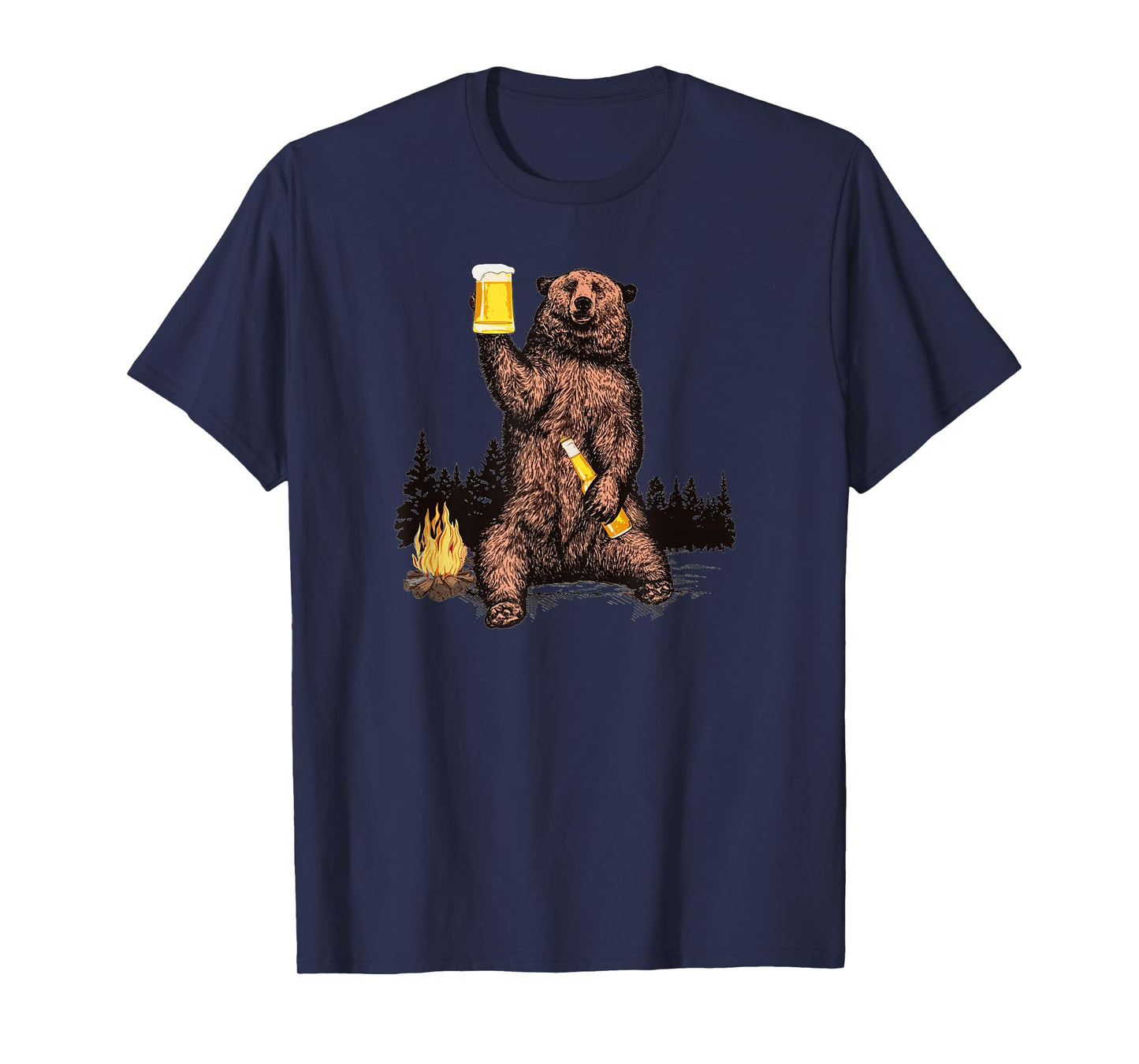 Bear Drinking Beer Camp Fire Woods Outdoor Funny Grizzly T-Shirt
