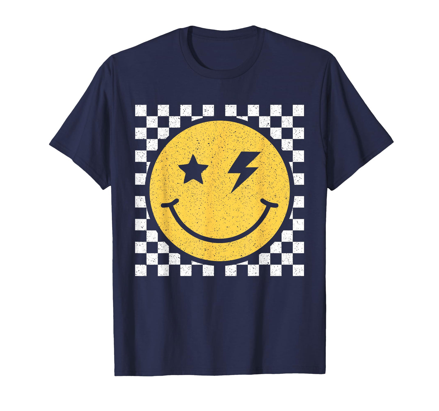 Retro Yellow Happy Face Checkered Pattern Smile Face Trendy T-Shirt