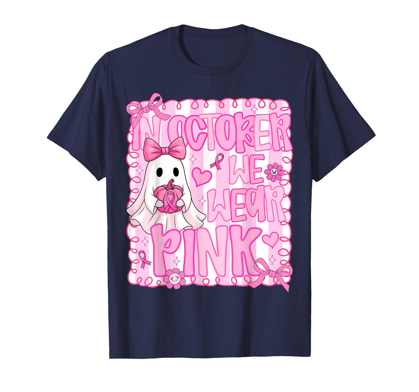 In October We Wear Pink Cute Ghost Halloween Breast Cancer T-Shirt