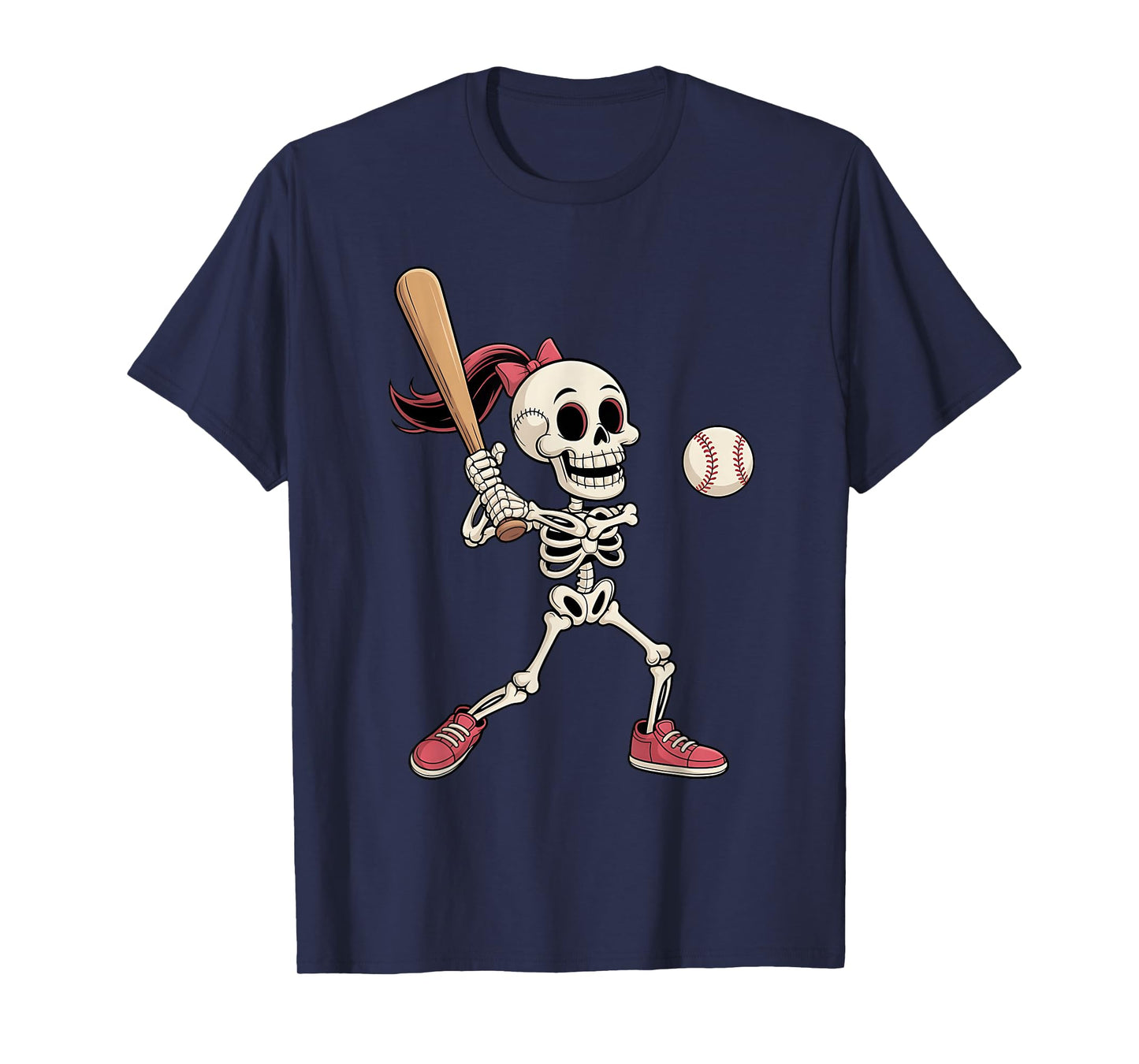 Messy Bun Skeleton Baseball Player Girls Women Halloween T-Shirt