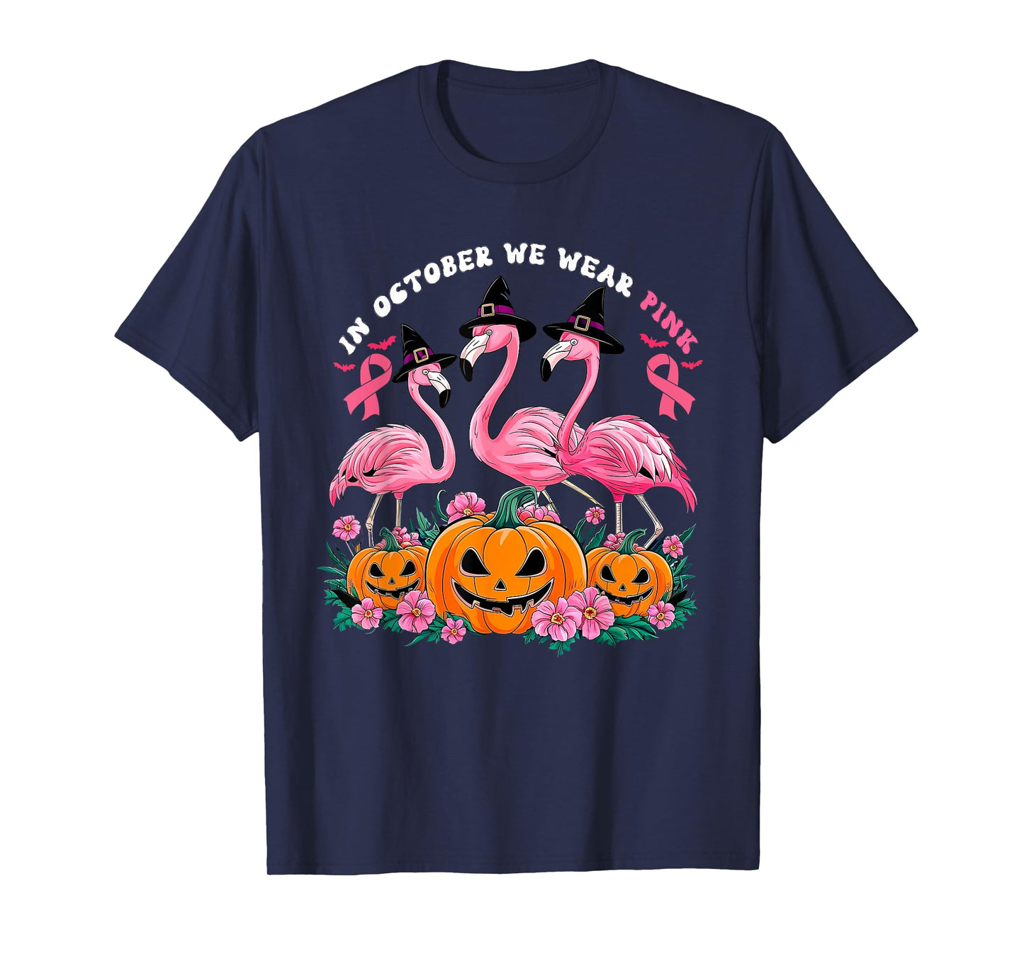 in October We Wear Pink Flamingo Breast Cancer Halloween T-Shirt