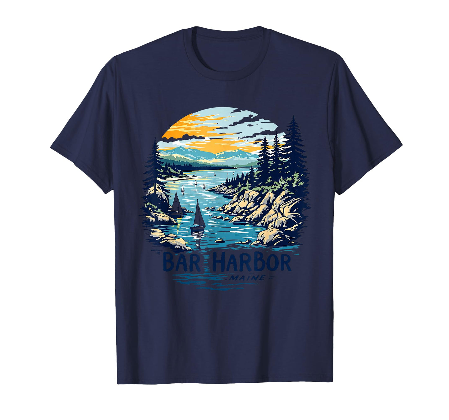 Vintage Bar Harbor Maine Sunset Coastal Cityscape Retro T-Shirt