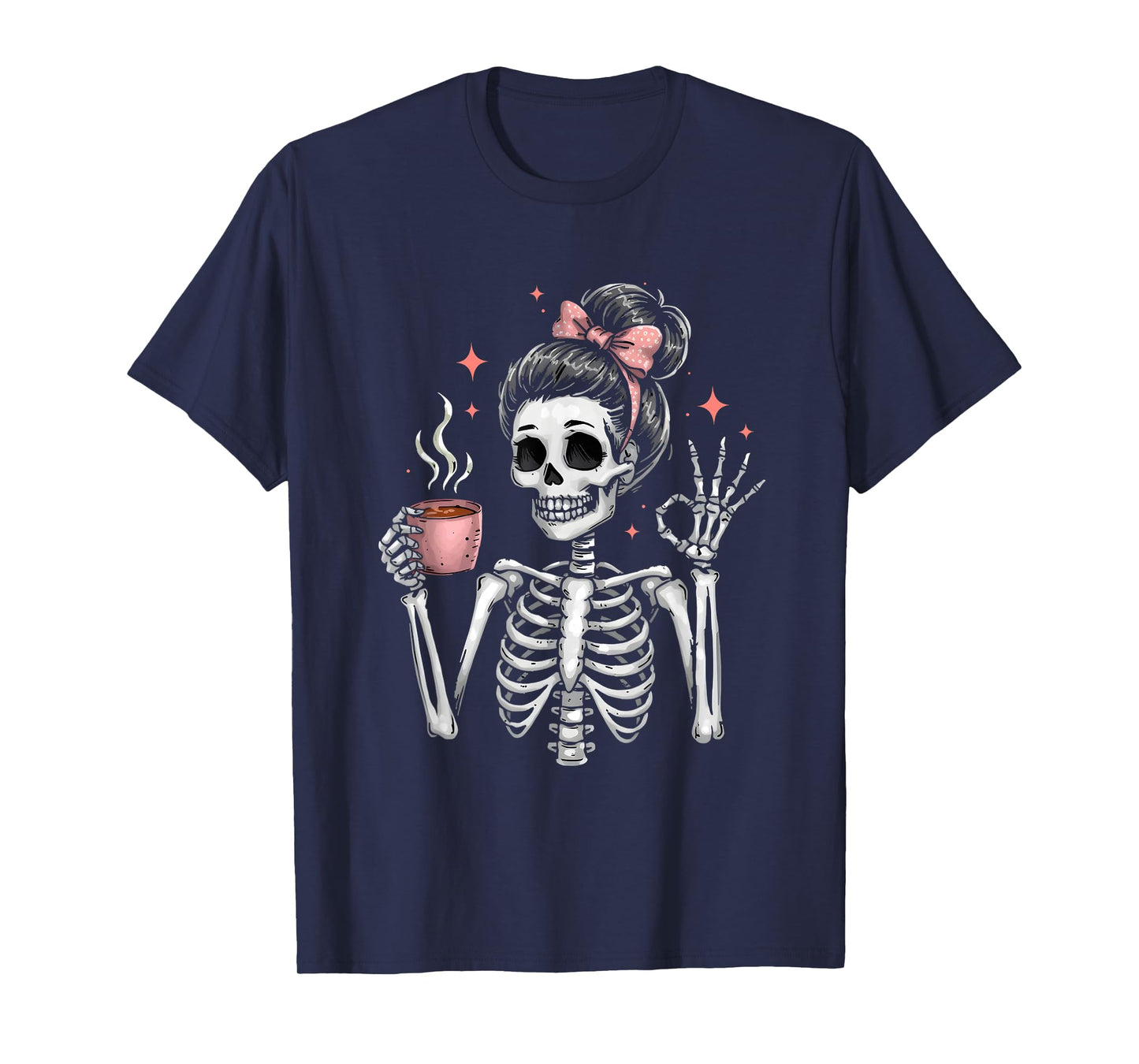 Messy Bun Drinking Coffee for Women Skeleton Tired Mom T-Shirt