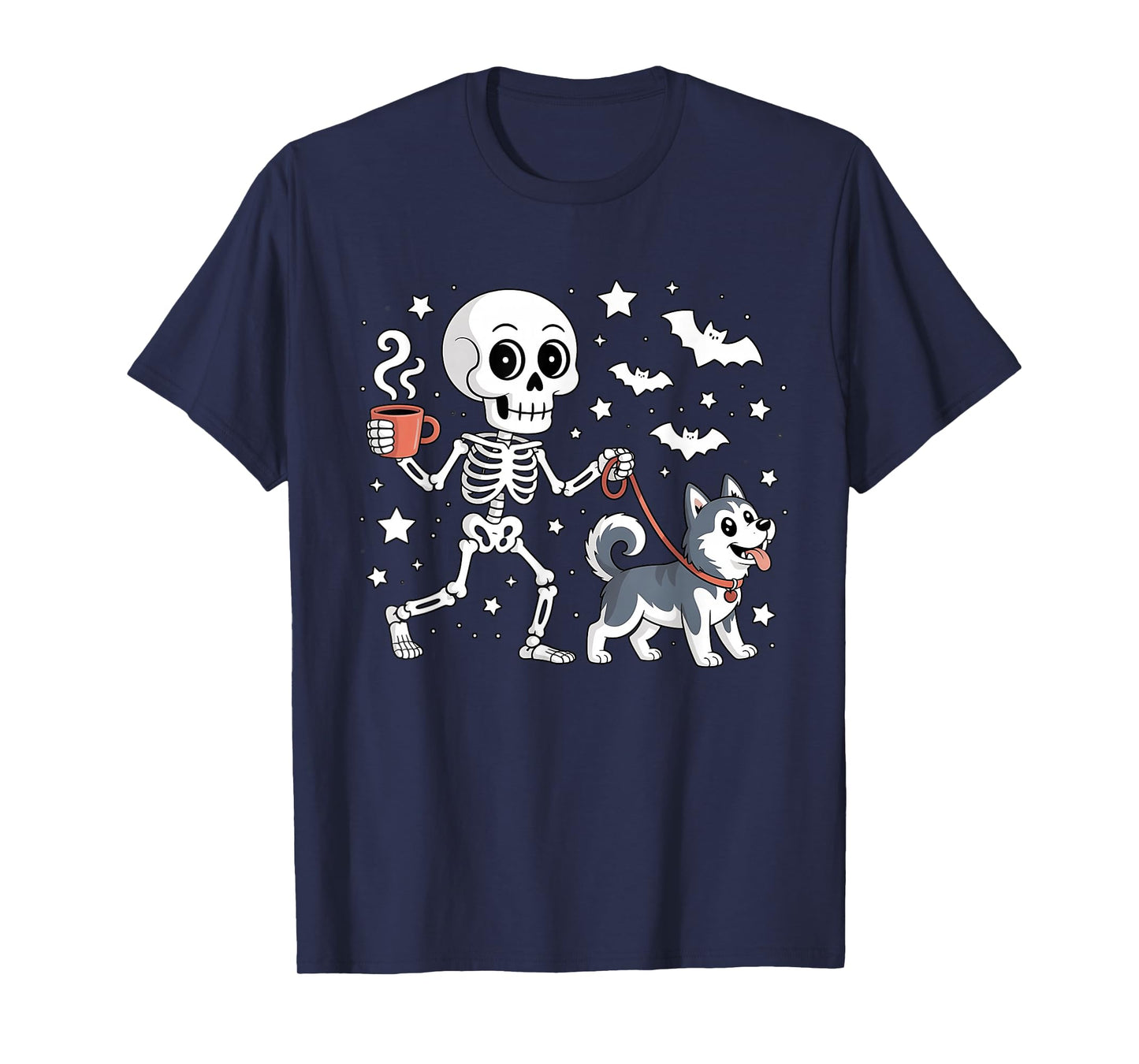 Skeleton Walking Siberian Husky Dog Coffee Funny Halloween T-Shirt