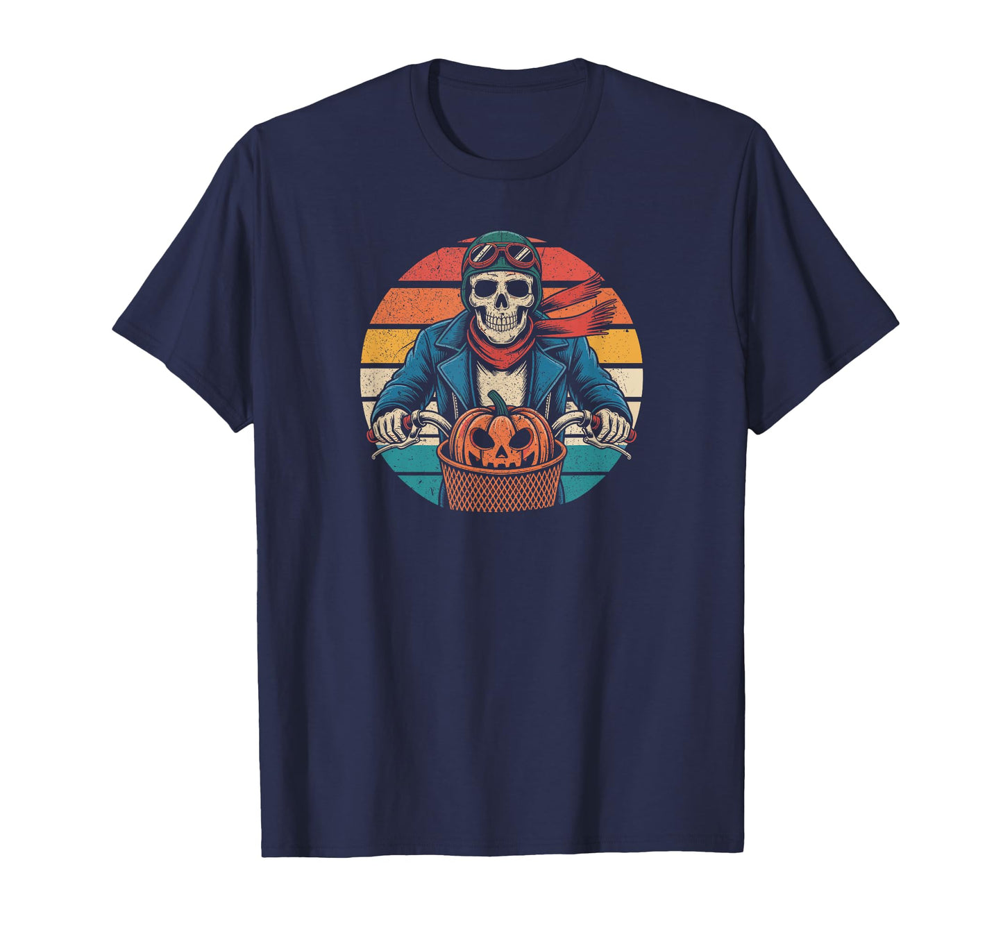 Skeleton Biker with Pumpkin Basket Retro Sunset T-Shirt