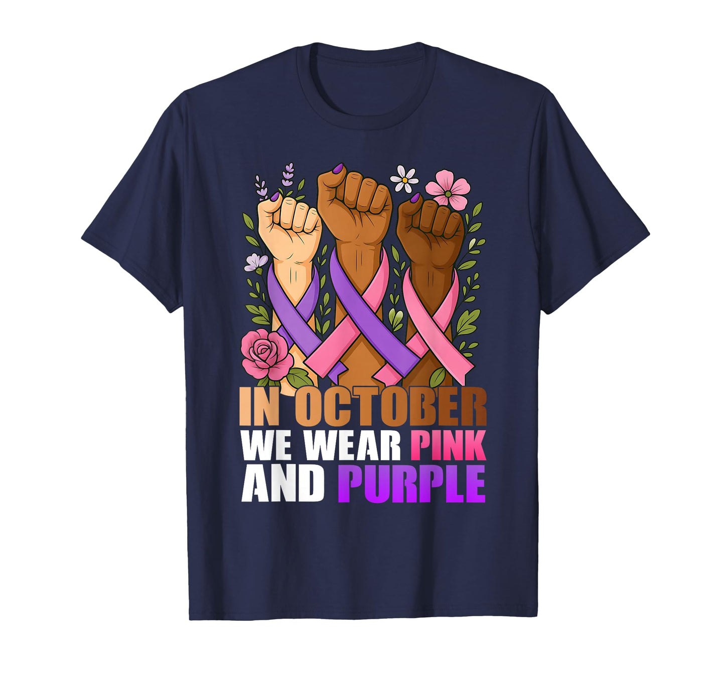 October Breast Cancer Domestic Violence Pink Purple Ribbon T-Shirt
