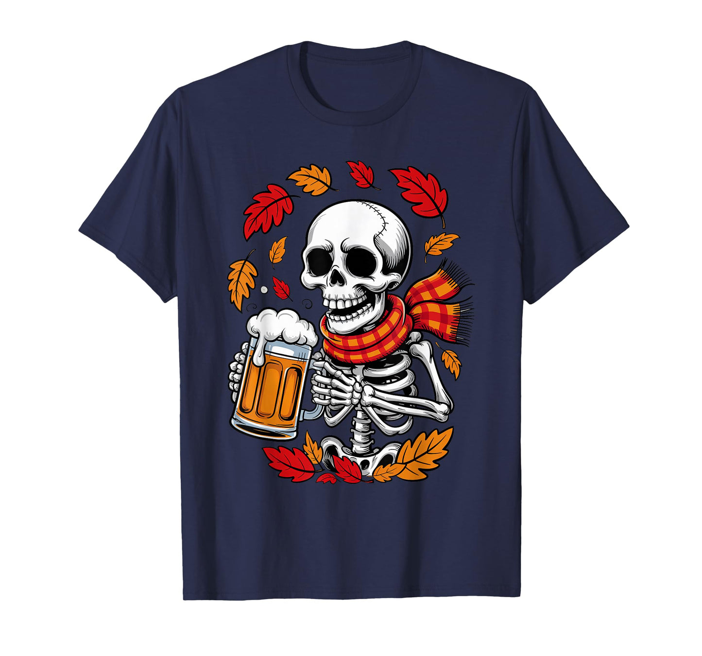 Halloween Skeleton Beer Drinker Funny Autumn Leaves Costume T-Shirt
