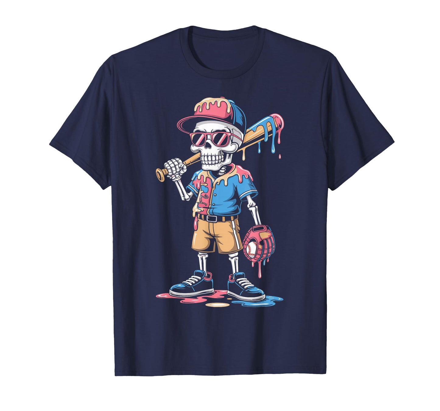 Funny Baseball Skeleton Ice Cream Drip Baseball T-Shirt