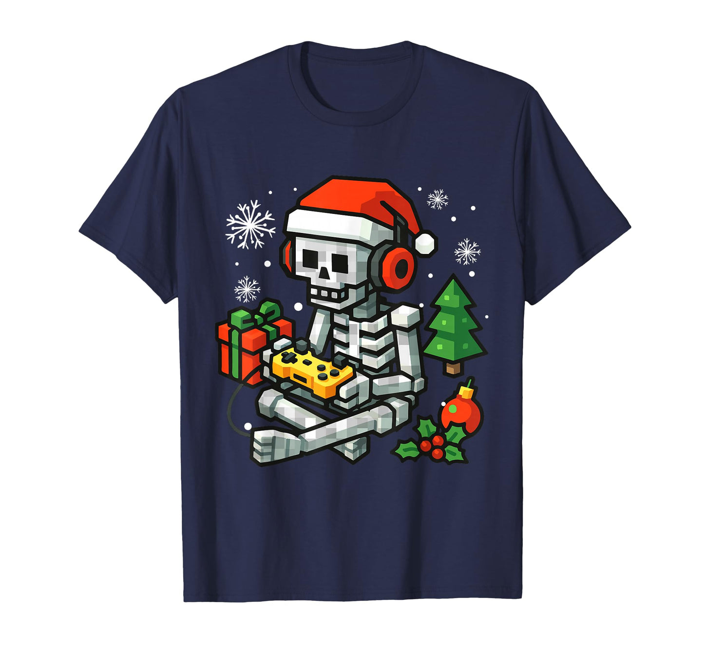 Christmas Skeleton Santa Hat Game Pixel Video Boys Men Kids T-Shirt