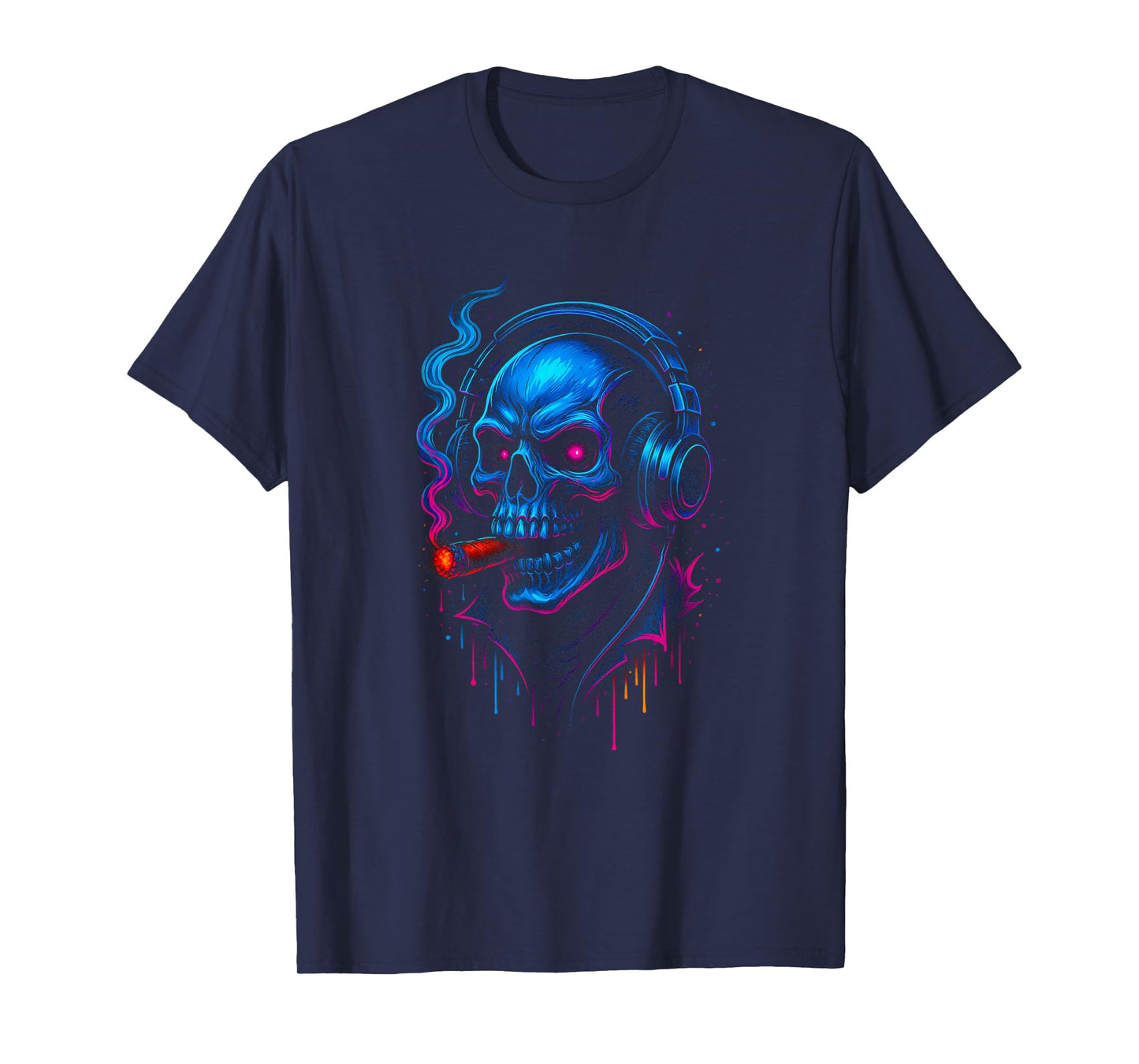 Skull Cigar DJ Headphones Vaporwave Retro Halloween Skeleton T-Shirt