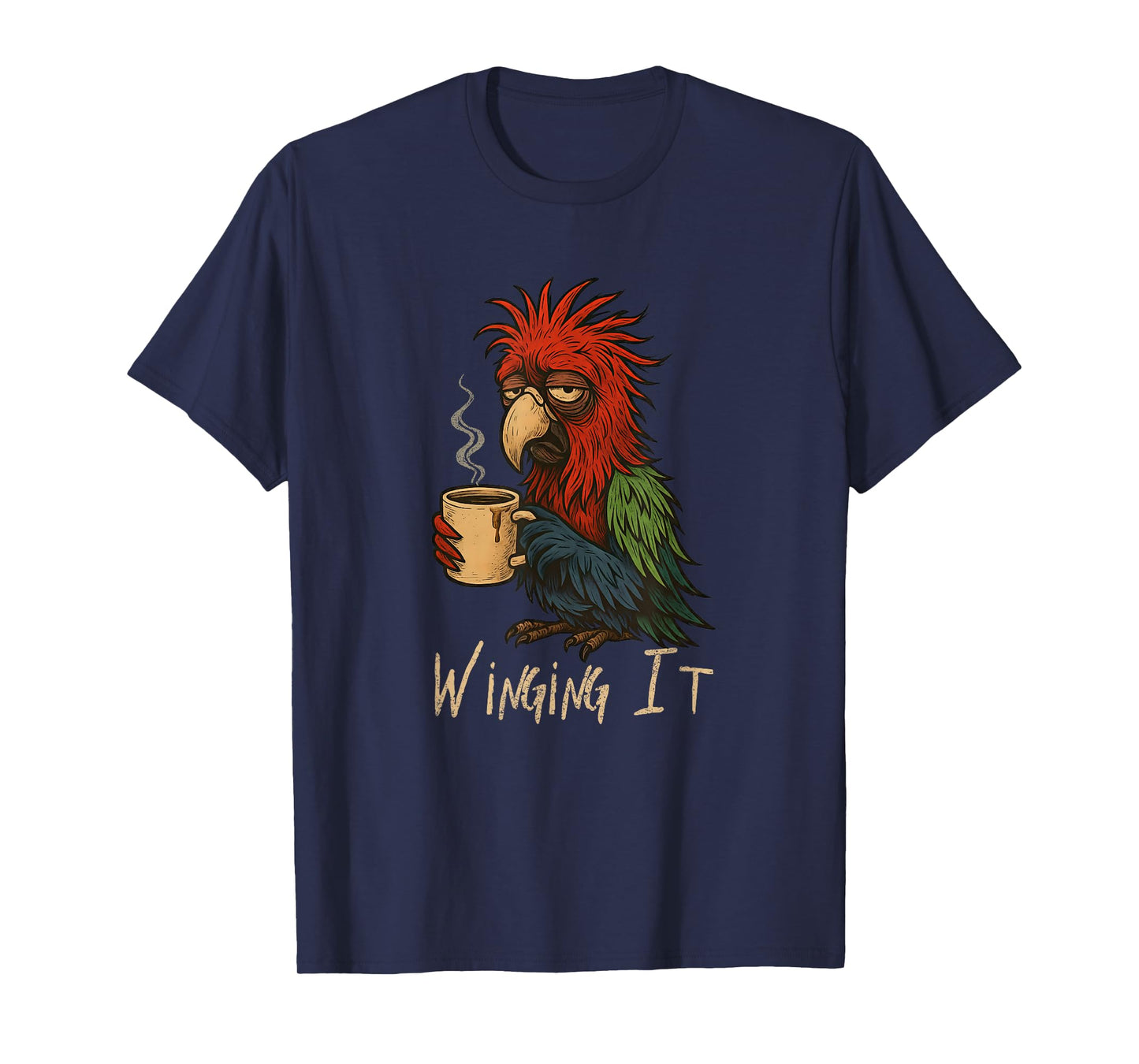 Winging It Macaw Parrot - Funny Tired Bird Drinking Coffee T-Shirt