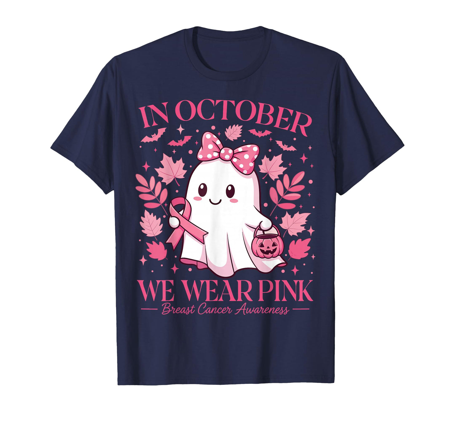 October We Wear Pink Breast Cancer Ghost Halloween Pumpkin T-Shirt
