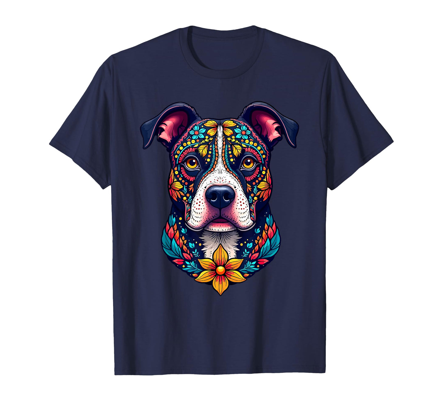 Mexican Sugar Skull Pitbull Dog Dia de Muertos Halloween Day T-Shirt
