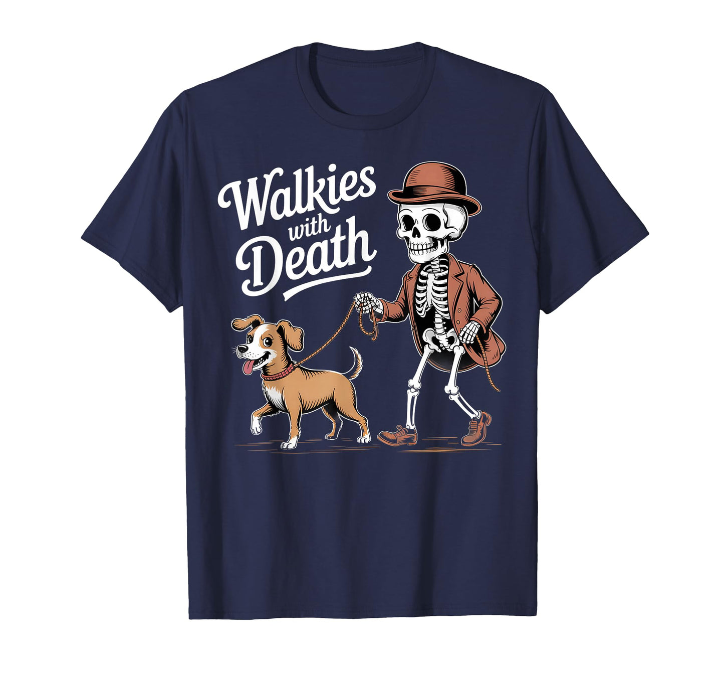 Walkies with Death Skeleton Dog Humor Halloween Design T-Shirt