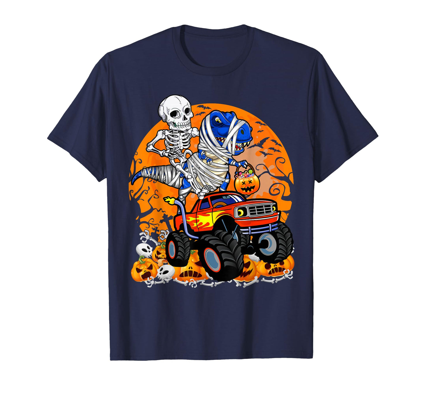 Skeleton Riding Dinosaur T-rex Mummy Monster Truck Halloween T-Shirt