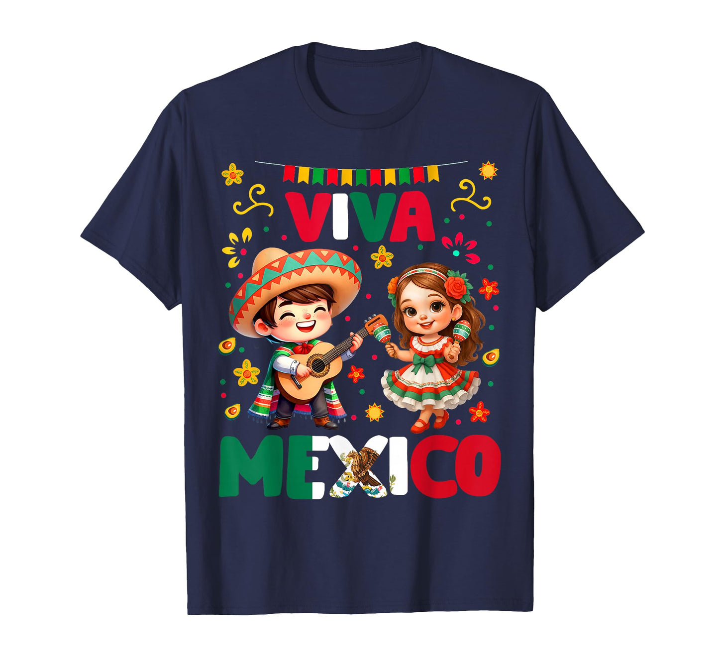 Viva Mexico Flag Guitar Mexican Independence Kid Boy Girl T-Shirt