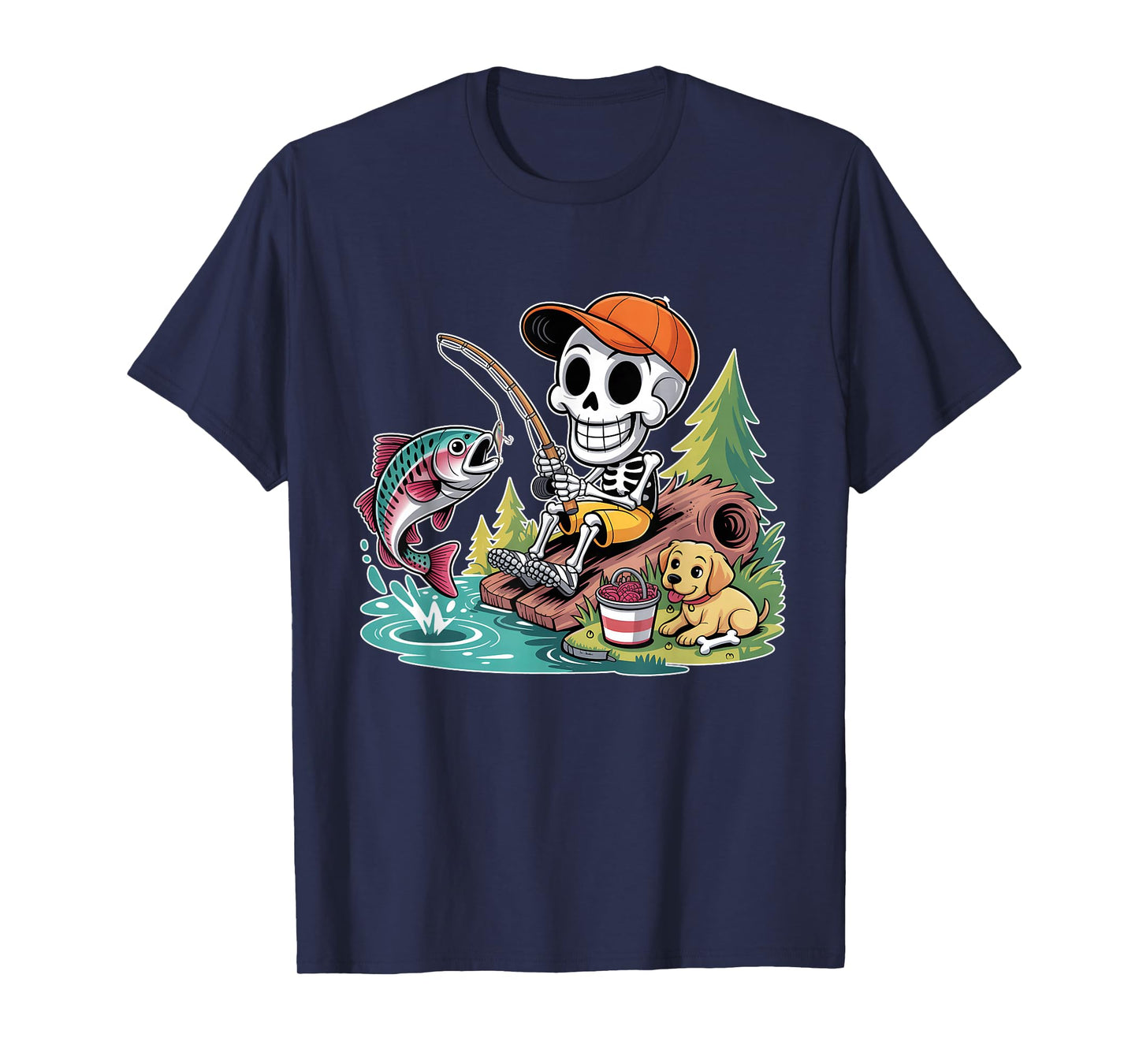 Fishing Skeleton with Dog and Jumping Fish Halloween Outdoor T-Shirt