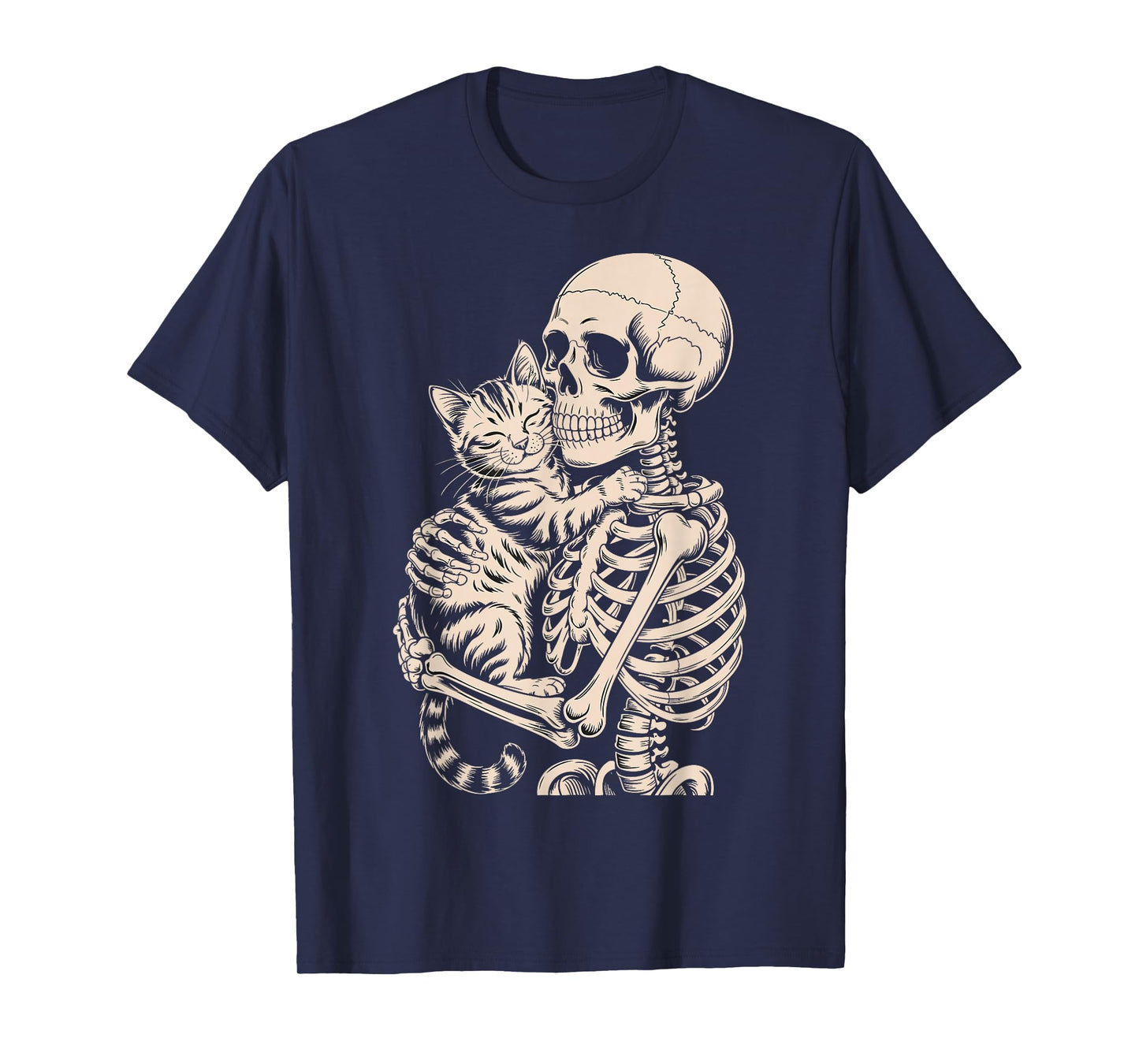 Skeleton Hugging Cat Funny Halloween Cat Lover T-Shirt