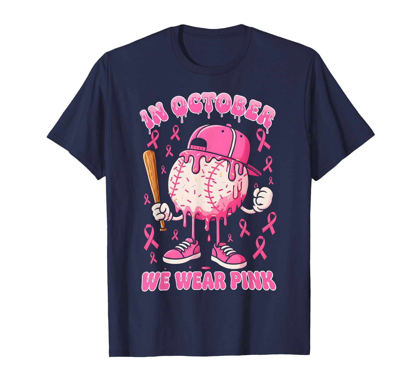 Baseball Ice Cream Drip in October Wear Pink Breast Cancer T-Shirt