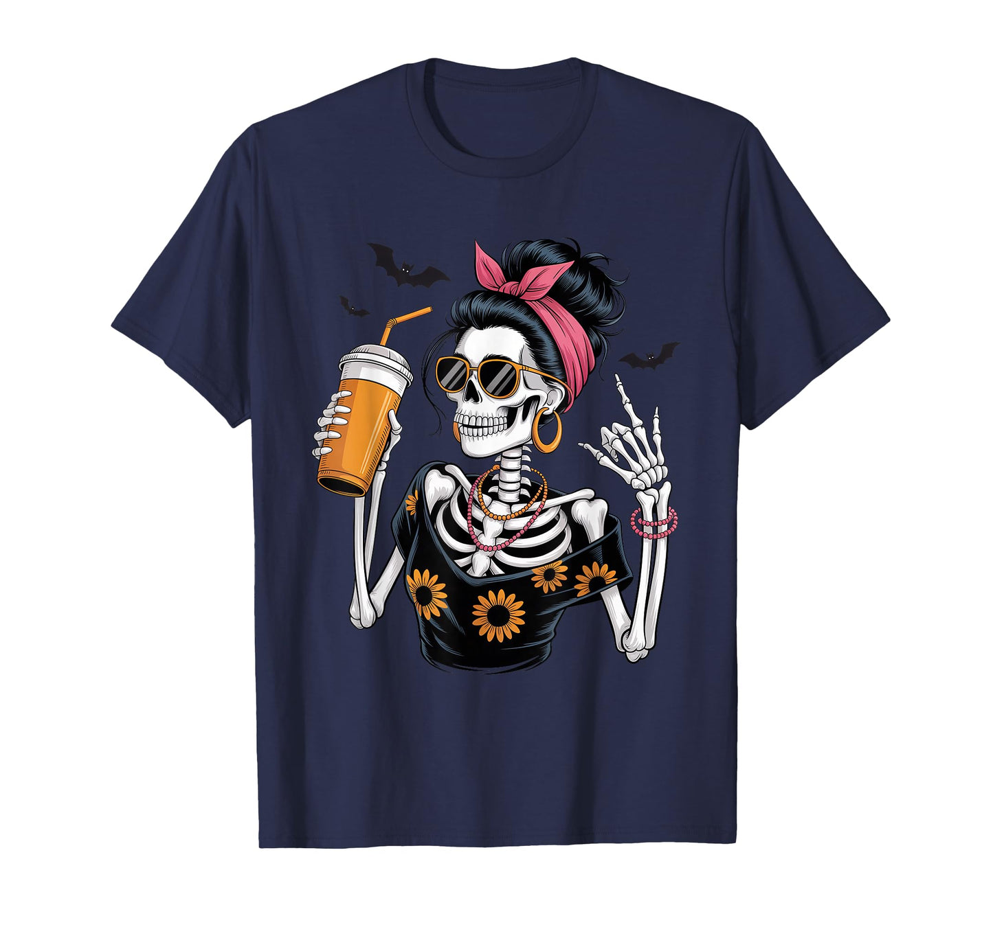 Skeleton Girl Drinking Coffee Peace Sign Graphic for Women T-Shirt