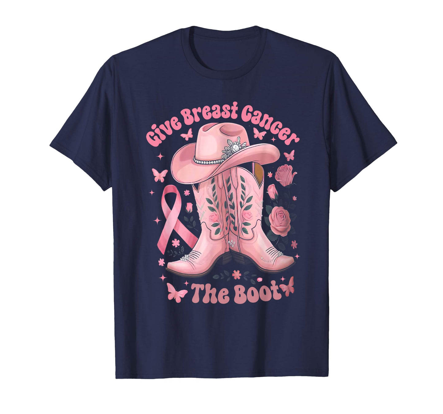 Give Breast Cancer The Boot Pink Ribbon Western Cowboy Boots T-Shirt