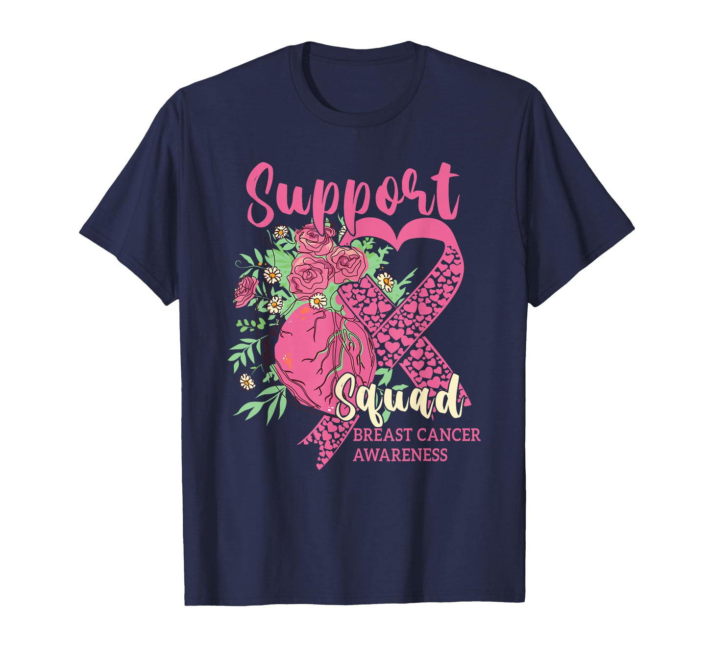 Breast Cancer Awareness Cute Heart Pink Ribbon Support Squad T-Shirt