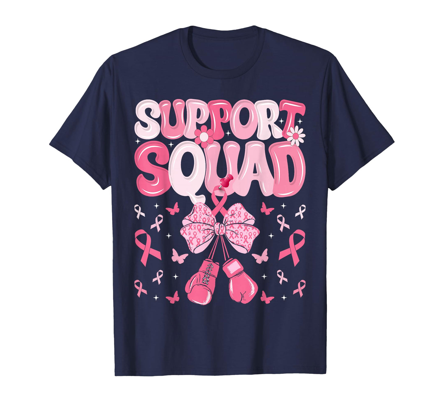 Support Squad Breast Cancer Awareness Pink Ribbon Bow Groovy T-Shirt