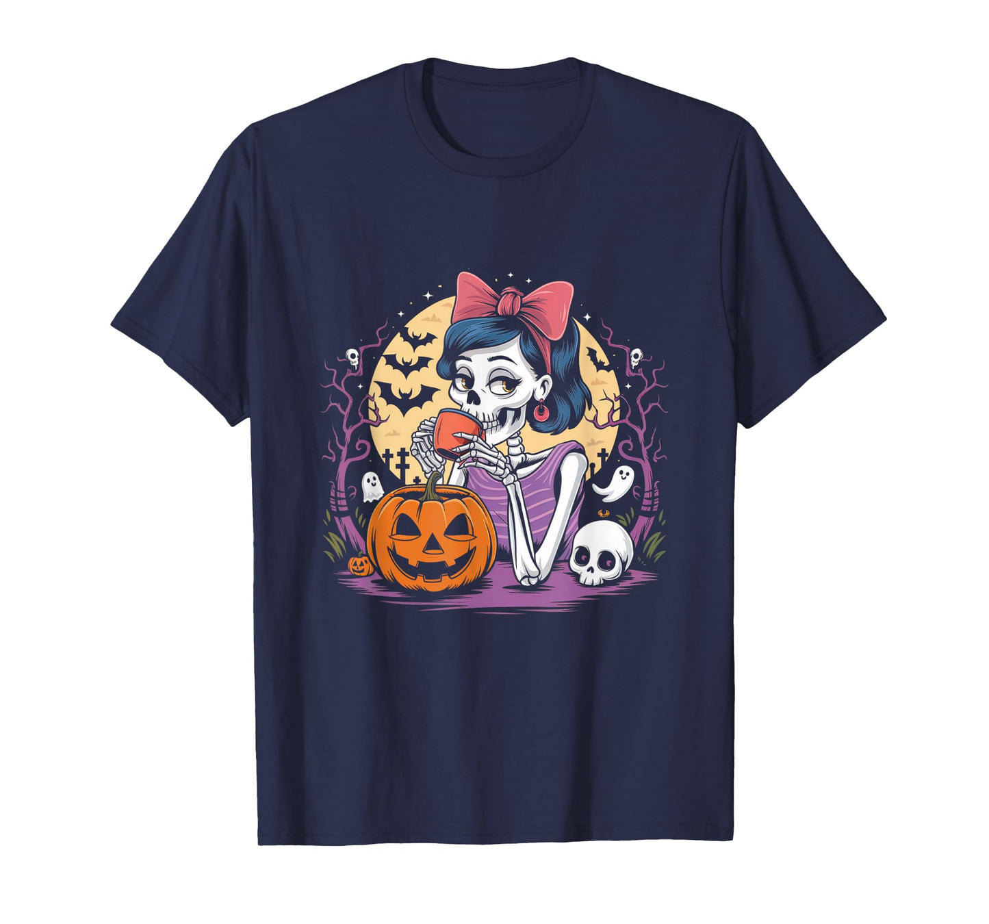 Skeleton Drinking Coffee Lover Pumpkin Halloween Costumes T-Shirt