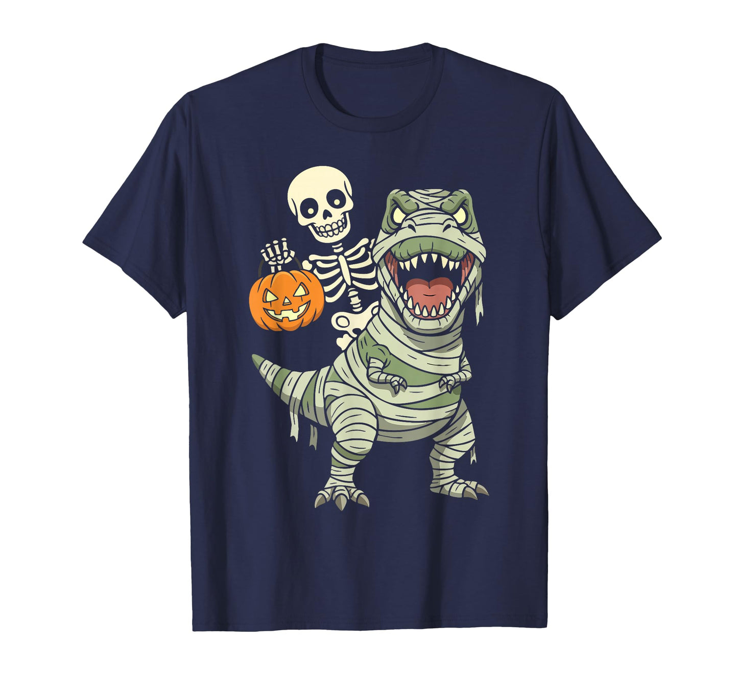 Skeleton Riding Mummy Dinosaur T rex Halloween Funny Pumpkin T-Shirt