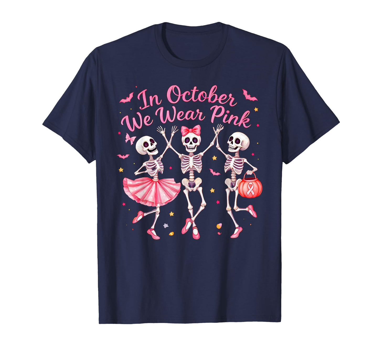 in October We Wear Pink Dancing Skeleton Breast Cancer T-Shirt