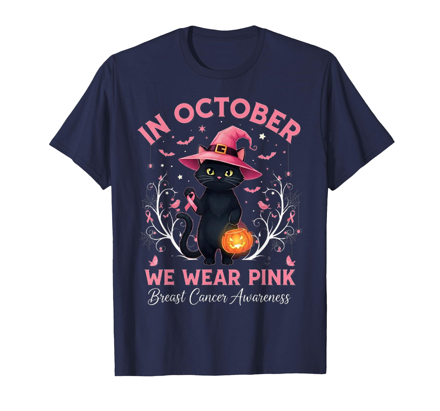 Fun Cat Pink Ribbon in October We Wear Pink Breast Cancer T-Shirt