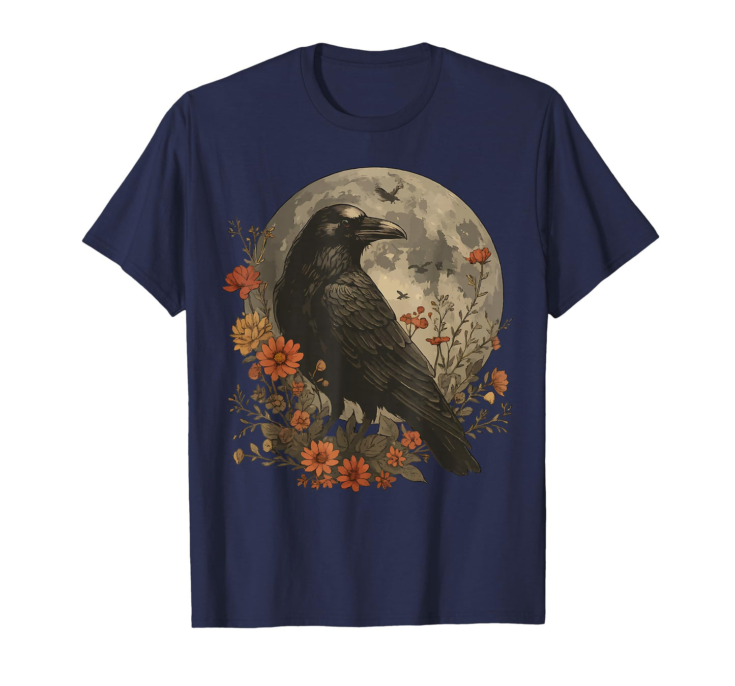 Mystic Raven Full Moon Gothic Crow Bird Floral Dark Nature T-Shirt
