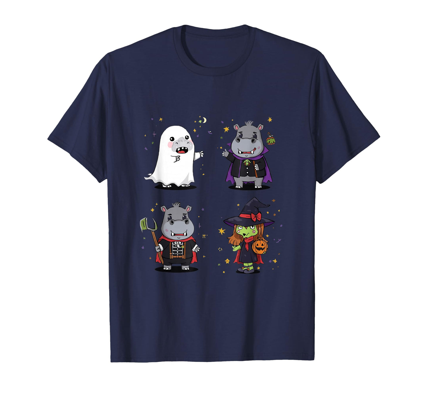 Cute Halloween Hippo Funny Ghost, Vampire, Skeleton & Witch T-Shirt