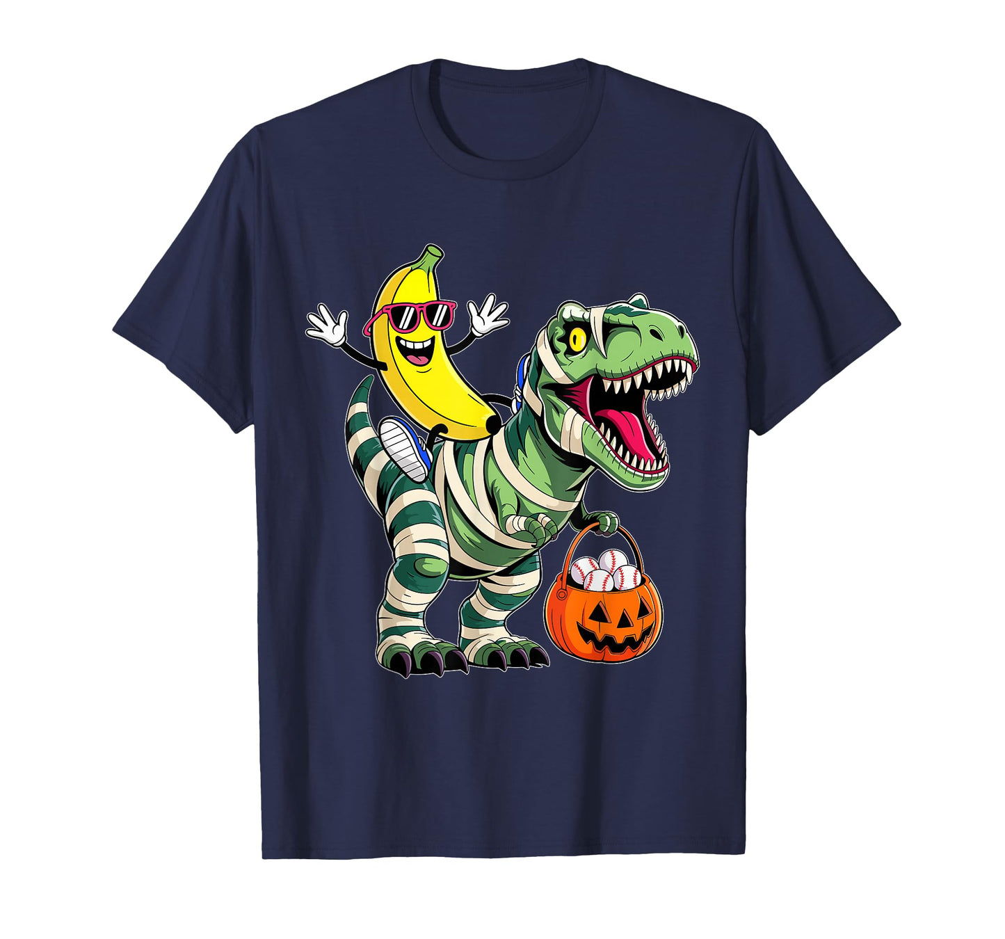 Banana Riding Mummy Dinosaur T rex Halloween Funny Pumpkin T-Shirt
