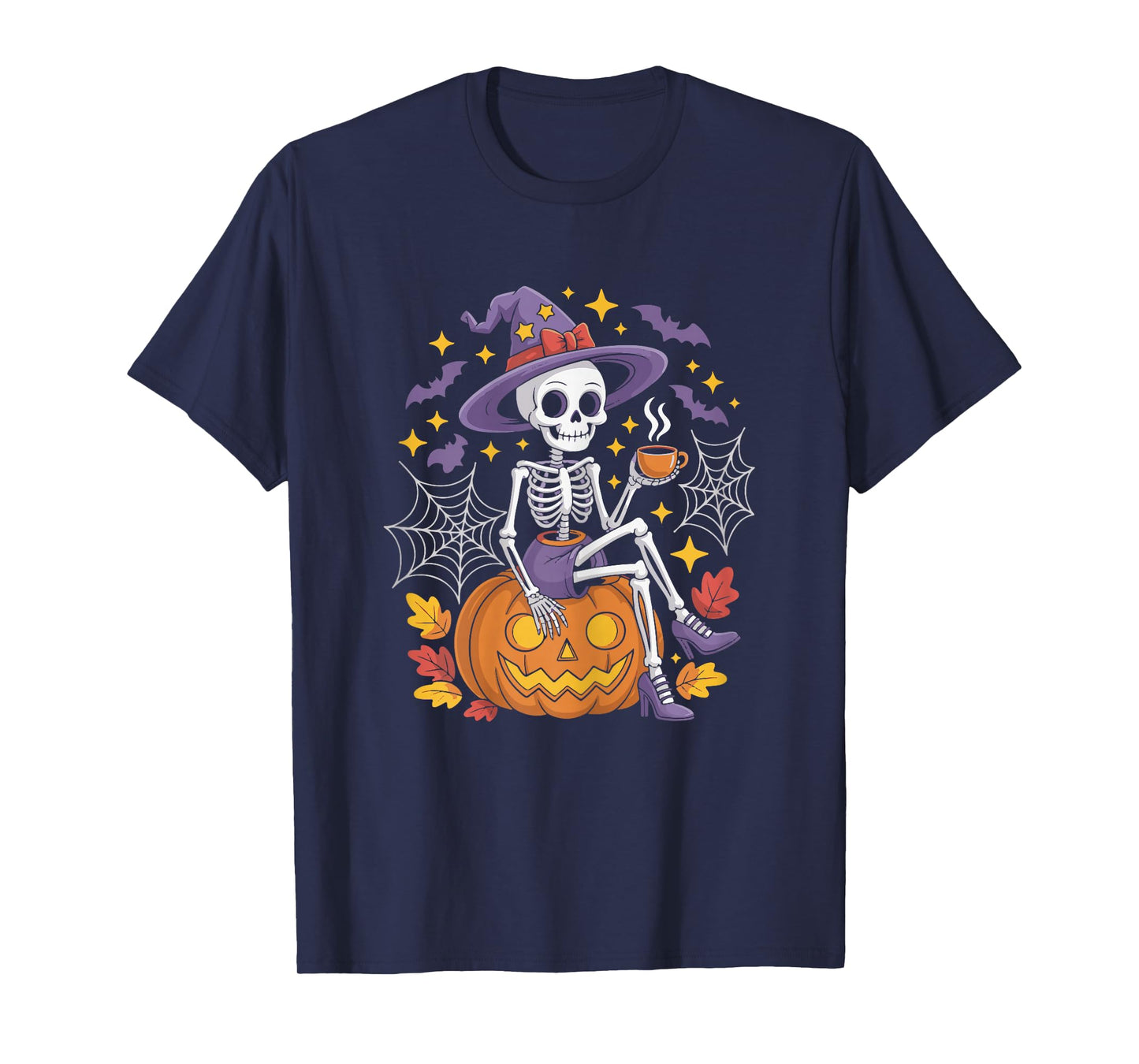 Cute Skeleton Drinking Coffee Halloween Outfit for Women T-Shirt