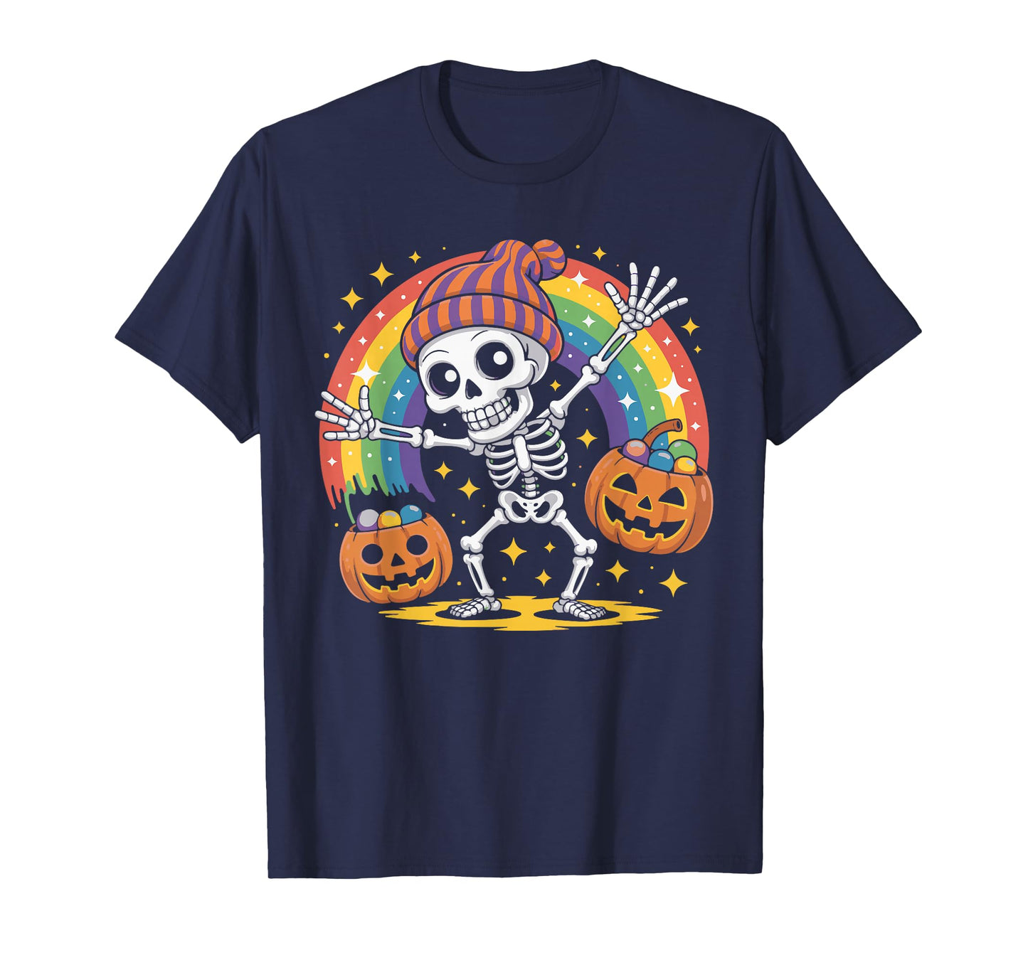 Halloween Rainbow Skeleton Pumpkin Trick or Treat Costume T-Shirt