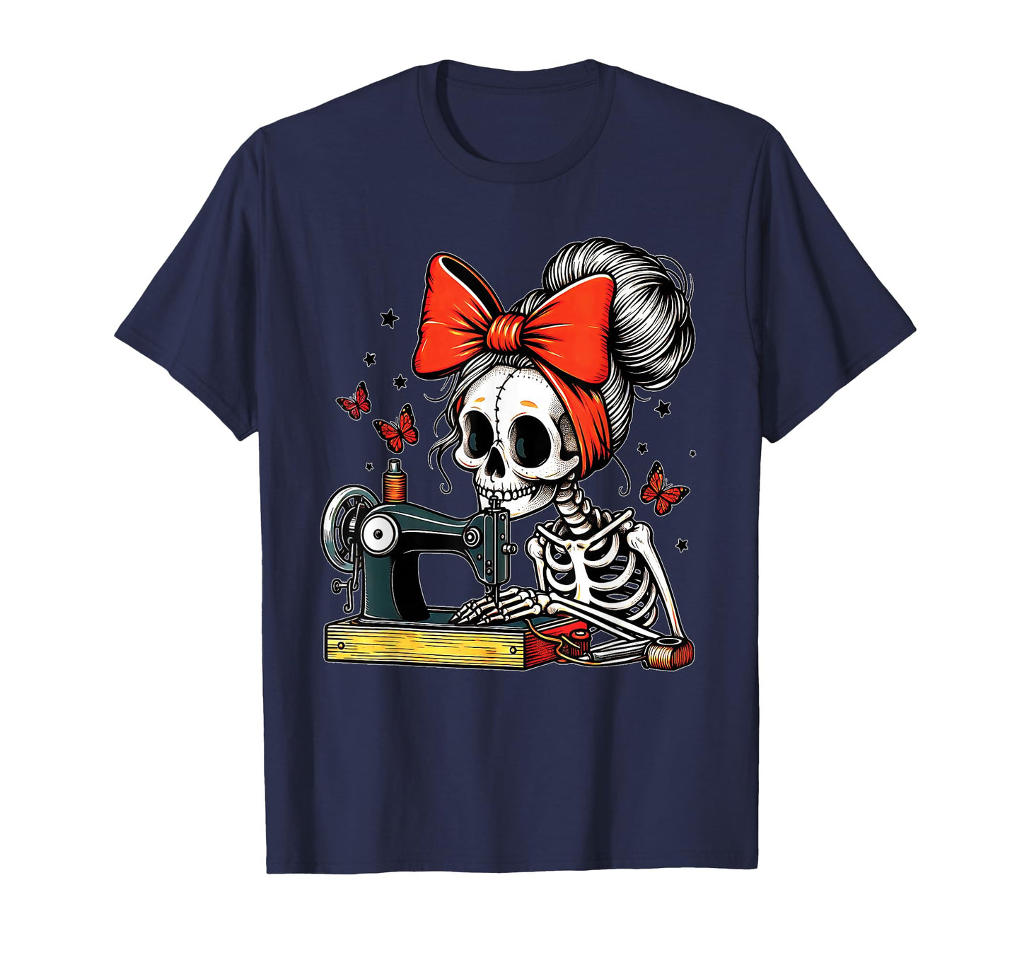 Messy Bun Hair Skeleton Sewer Quilter Halloween Quilting T-Shirt