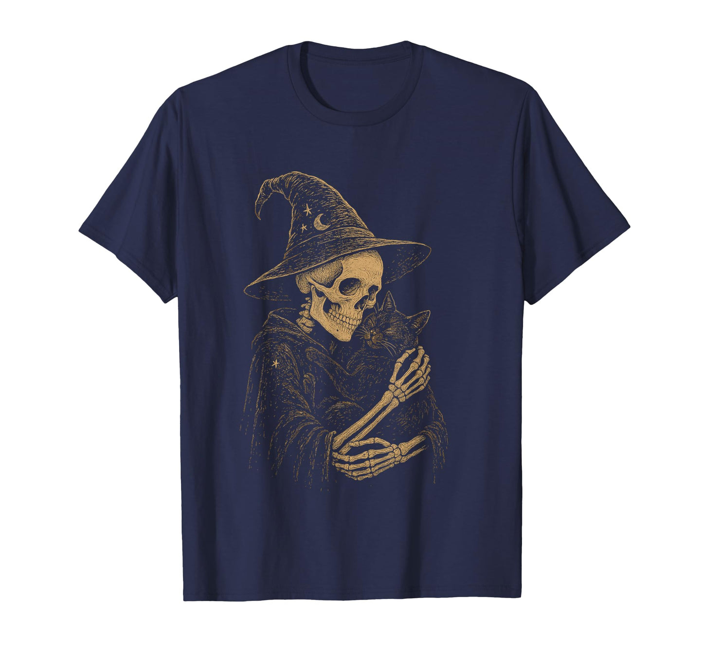 Skeleton Wizard with Cat Fantasy Occult T-Shirt