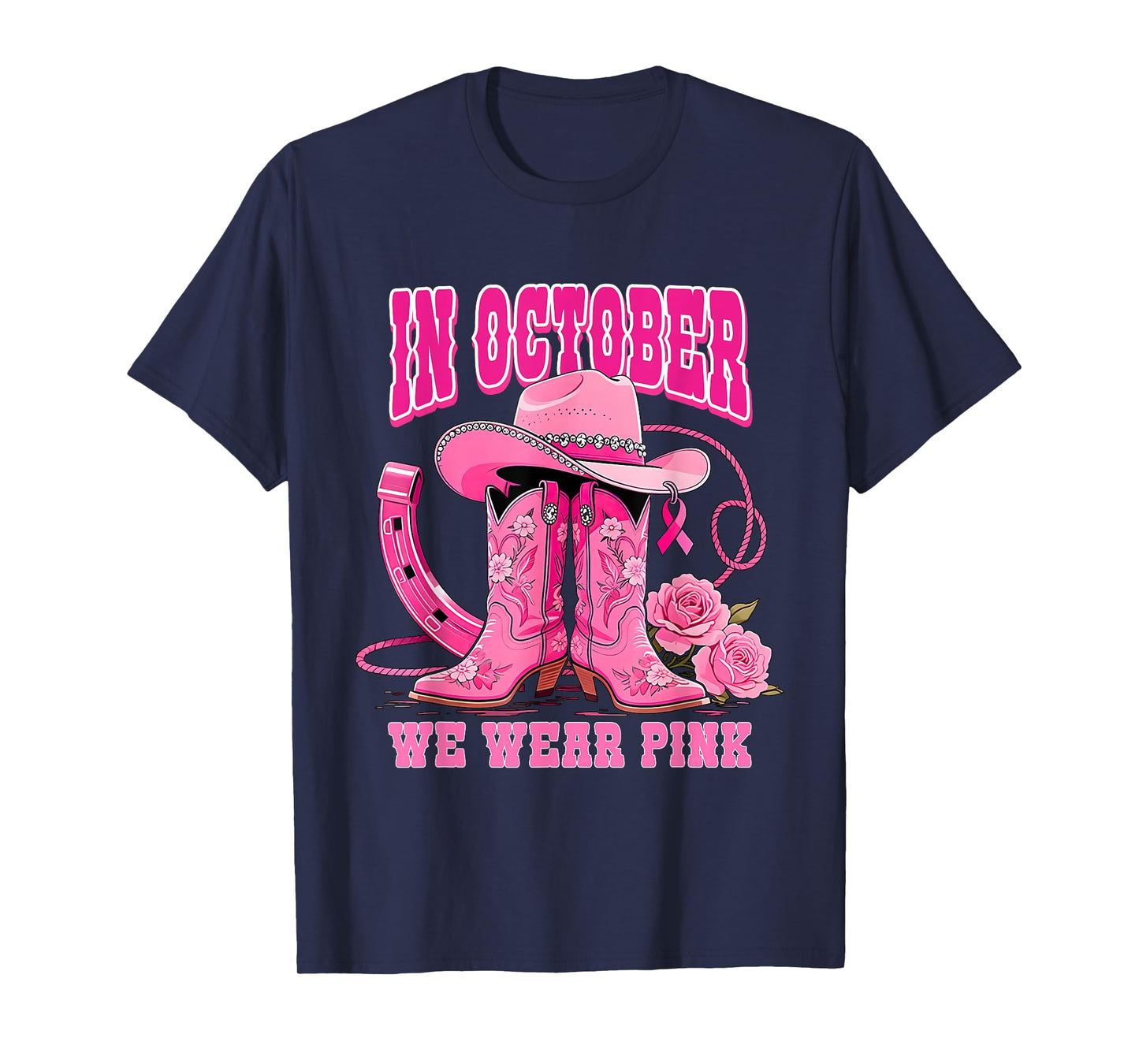 Western Cowgirl in October We Wear Pink Breast Cancer Ribbon T-Shirt