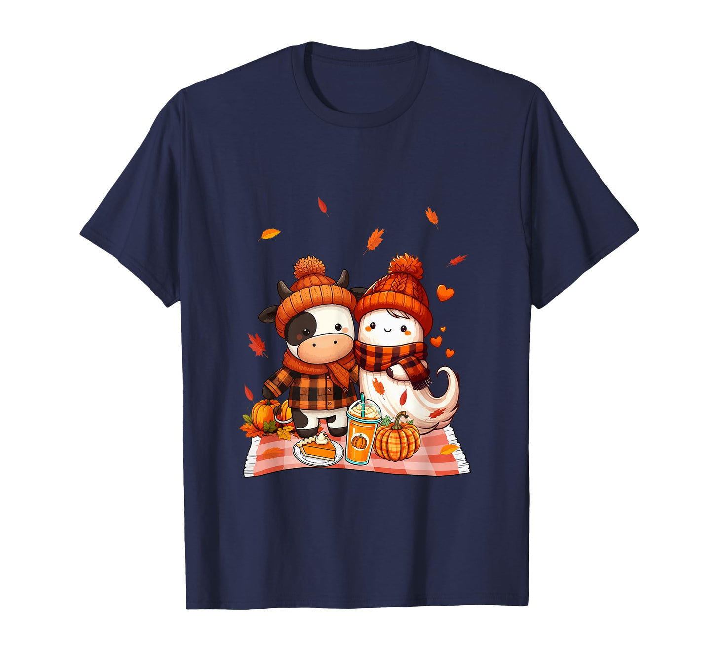 Cow with Boo Halloween Thanksgiving Fall Leaves Pumpkins T-Shirt