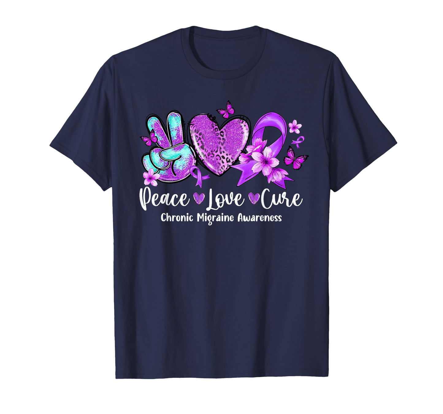 Peace Love Cure Purple Ribbon Chronic Migraine Awareness T-Shirt