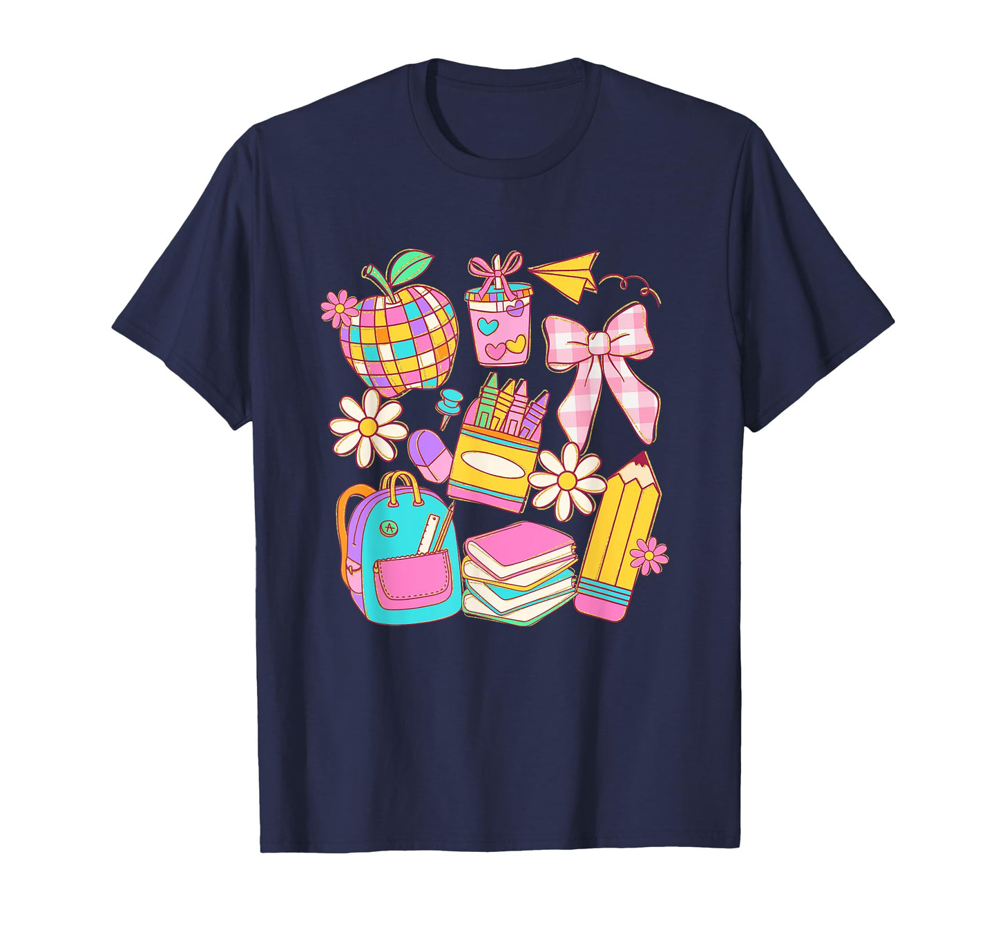 Apple Disco Pencil Books Bow Teacher Student Back To School T-Shirt