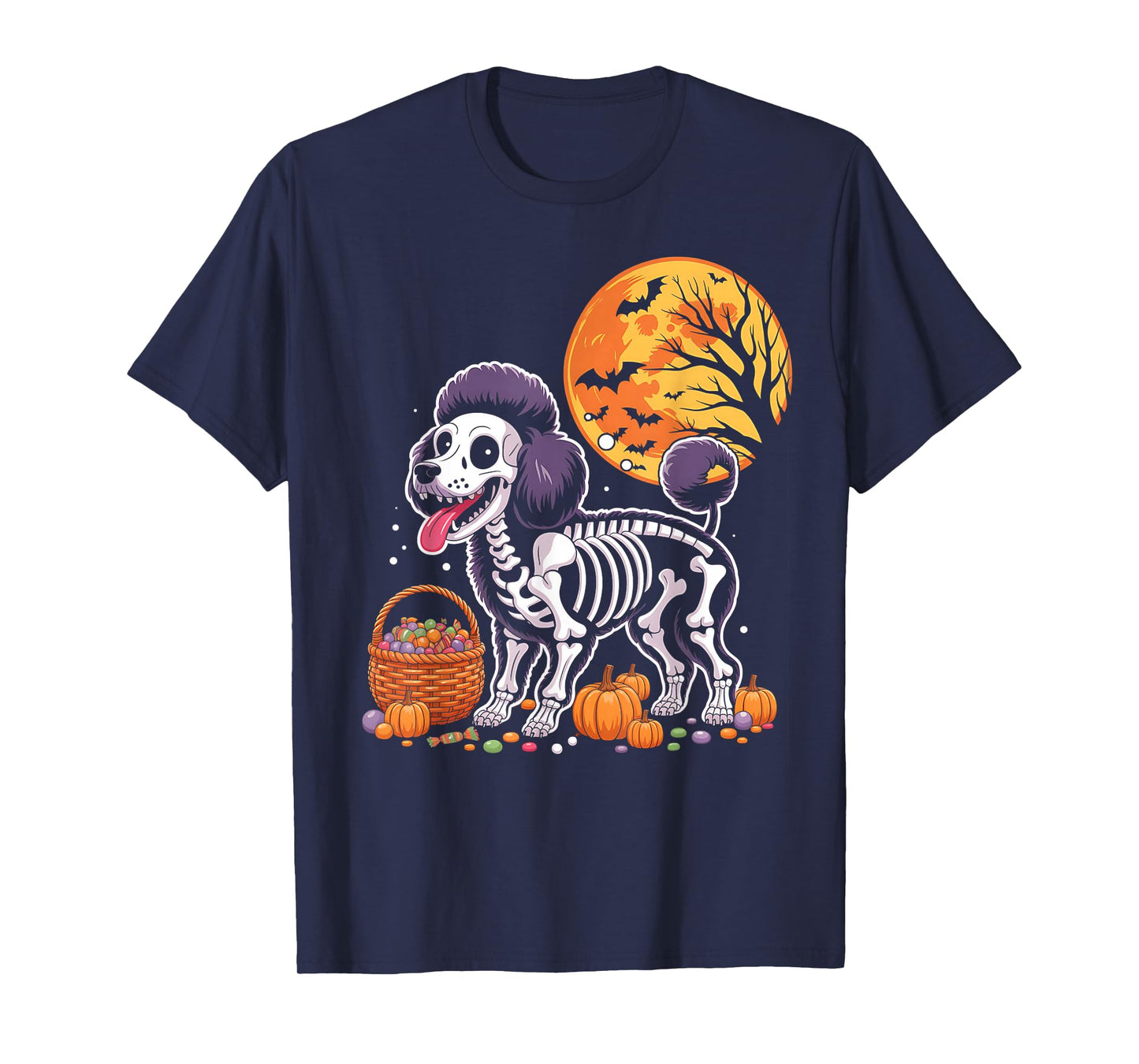 Miniature Poodle Dog Skeleton Scary Pumpkin Moon Halloween T-Shirt